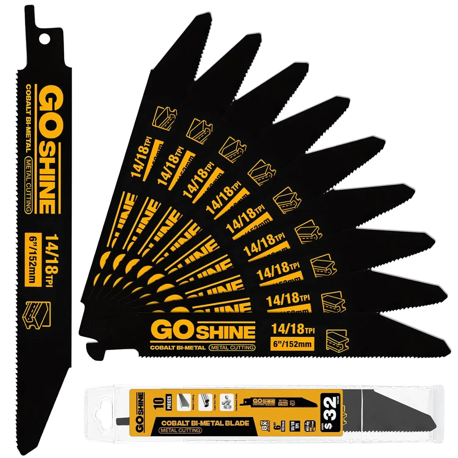 10-Pack 6-inch 14/18 TPI Bi-Metal Reciprocating Saw Blades for Metal Cutting, Universal Fit
10-Pack 6-inch 14/18 TPI Bi-Metal Reciprocating Saw Blades for Metal Cutting, Universal Fit
