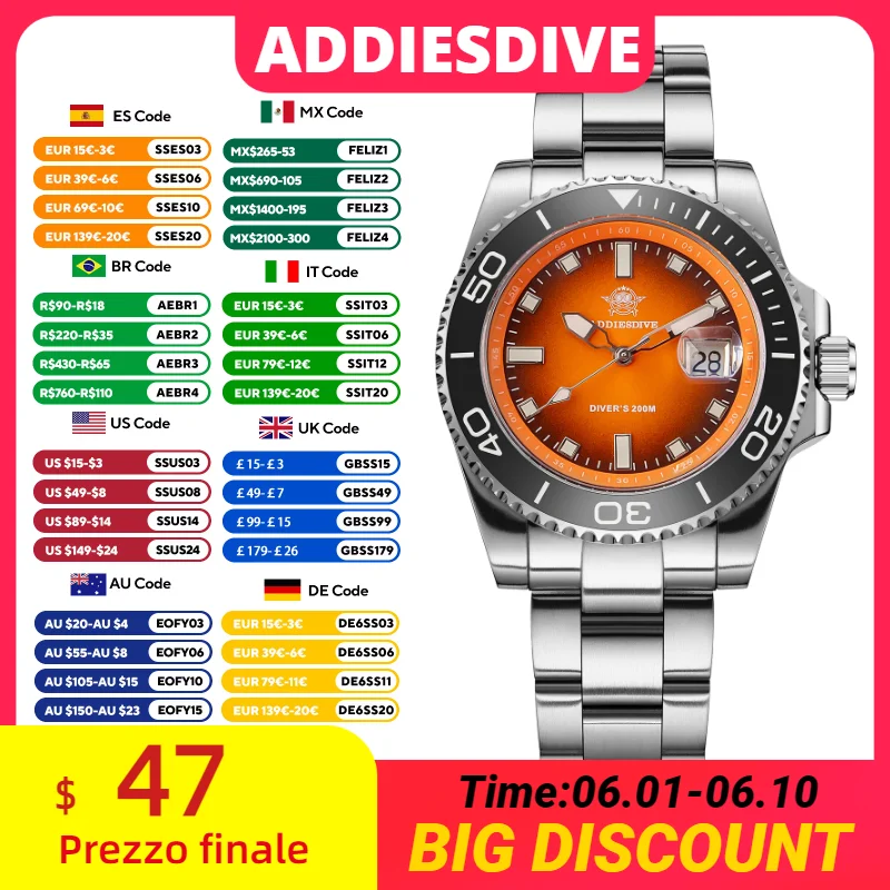 ADDIESDIVE 41mm New Men's Watch Stainless Steel Rotatable Bezel 200m Waterproof Diving Quartz Watch Luminous AD2089 reloj hombre
ADDIESDIVE 41mm New Men's Watch Stainless Steel Rotatable Bezel 200m Waterproof Diving Quartz Watch Luminous AD2089 reloj hombre