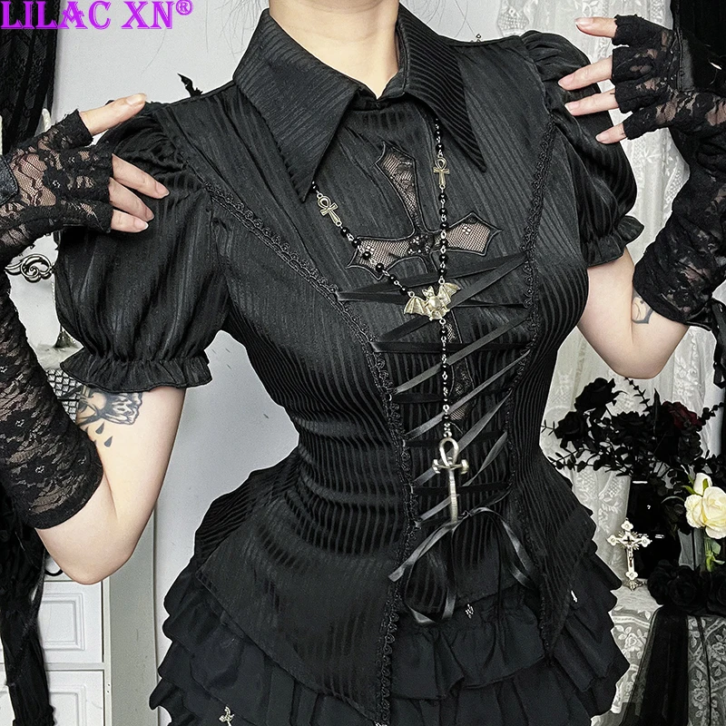Goth Black Cross See Through Lace-up Puff Short Sleeve Shirts Blouses Y2K Vintage Lolita Slim Corset Crop Tops Women Summer
Goth Black Cross See Through Lace-up Puff Short Sleeve Shirts Blouses Y2K Vintage Lolita Slim Corset Crop Tops Women Summer
