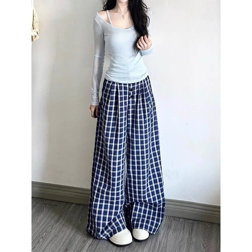 High-Waisted Lazy Style Loose Plaid Pants Straight-Leg Long Pants Blue Retro Checkered Casual Pants Wide-Leg Pants Women
High-Waisted Lazy Style Loose Plaid Pants Straight-Leg Long Pants Blue Retro Checkered Casual Pants Wide-Leg Pants Women