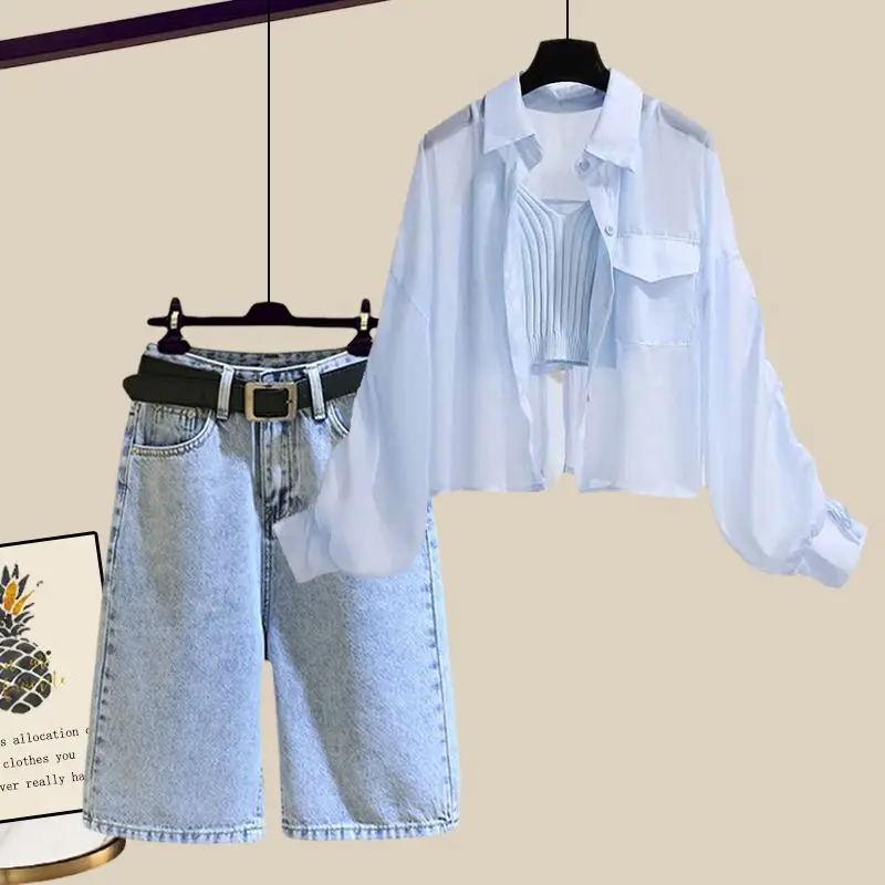 Summer Single/Outfits 2023 New Fashion V-neck Tank Top Strap Shirt with High Waist Denim Capris Three Piece Set For Women
Summer Single/Outfits 2023 New Fashion V-neck Tank Top Strap Shirt with High Waist Denim Capris Three Piece Set For Women