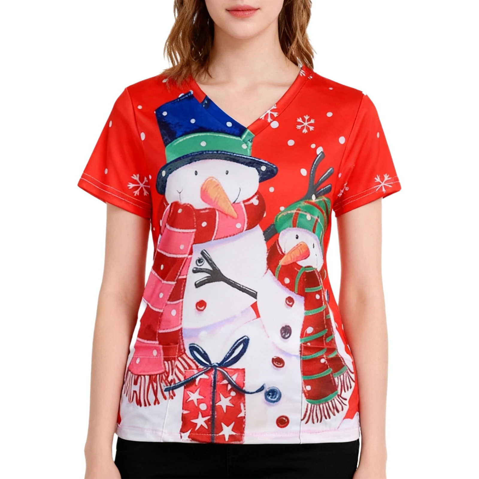 Women Christmas Print Nursing Uniform Short Sleeve Front Patch Pockets Scrub T-shirt Sanitary Blouse for Xmas Holiday Work Wear
Women Christmas Print Nursing Uniform Short Sleeve Front Patch Pockets Scrub T-shirt Sanitary Blouse for Xmas Holiday Work Wear