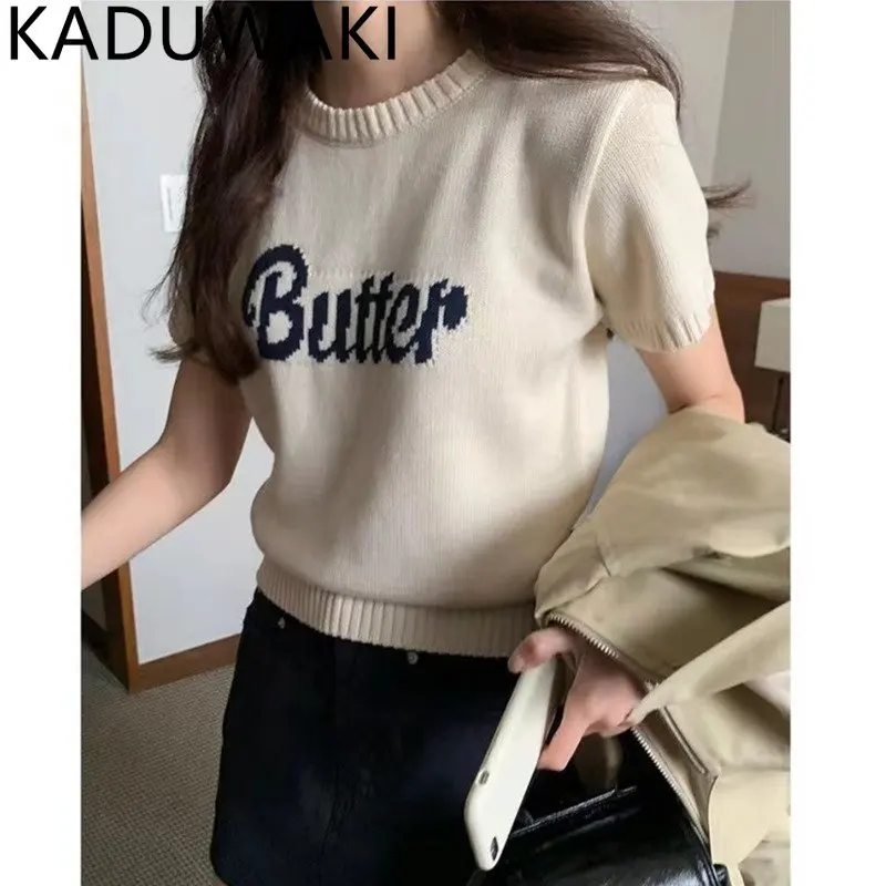 Letter Embroidery Knitted T-Shirt Round Neck Women Knit Sweater Casual Short-Sleeved Top Fashion Spring Summer High Quality
Letter Embroidery Knitted T-Shirt Round Neck Women Knit Sweater Casual Short-Sleeved Top Fashion Spring Summer High Quality