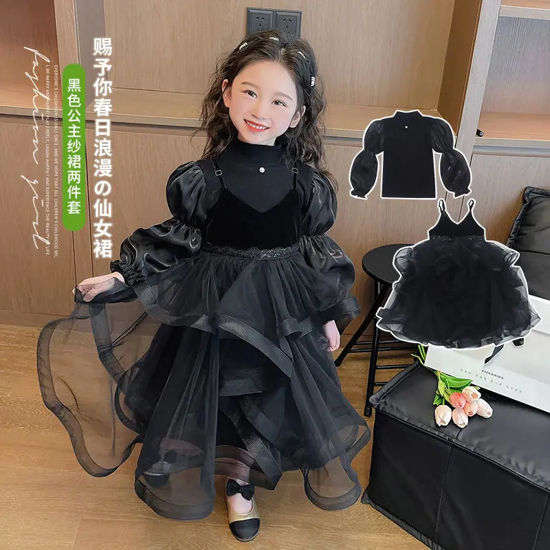New Girls' Dress Spring and Autumn Preschool Fashion Black Dress Two piece Set Little Girl Sweet Mesh Mid length Dress 2024
New Girls' Dress Spring and Autumn Preschool Fashion Black Dress Two piece Set Little Girl Sweet Mesh Mid length Dress 2024