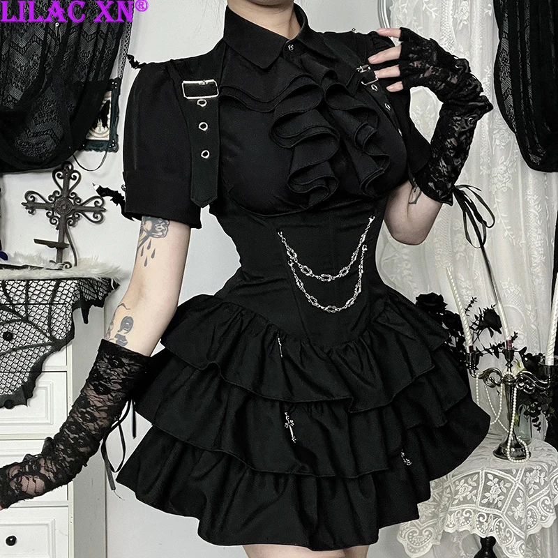 Goth Black Ruffle Layered Bodycon Slim Mini Dress Suspender Skirt Vintage Elegant Short Sleeve Corset Top Shirts Women Summer
Goth Black Ruffle Layered Bodycon Slim Mini Dress Suspender Skirt Vintage Elegant Short Sleeve Corset Top Shirts Women Summer