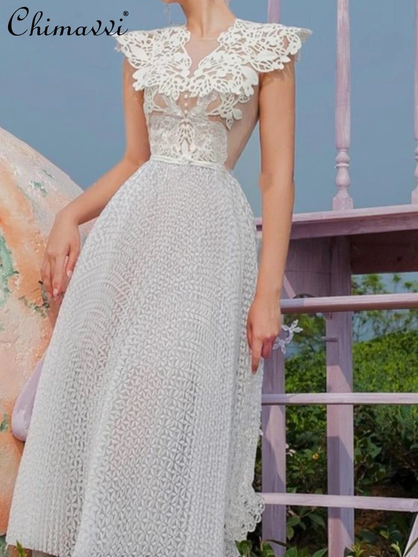 2024 Spring Summer New High-End Fashion Pleated Mesh Crochet Long Dress Women Temperament Lace Waist Party Ladies Dresses
2024 Spring Summer New High-End Fashion Pleated Mesh Crochet Long Dress Women Temperament Lace Waist Party Ladies Dresses