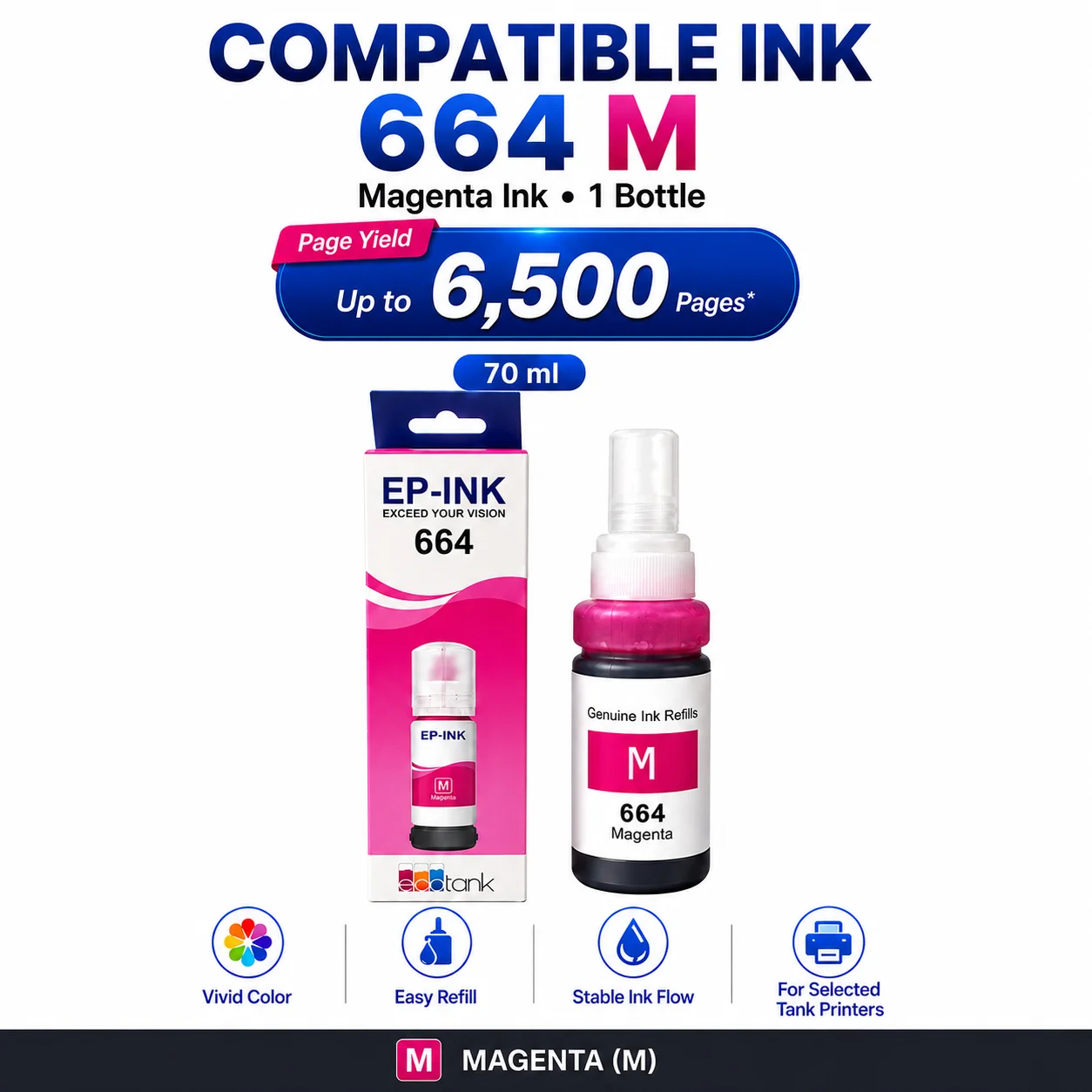 Magenta Refill Ink for Epson 664 M, Compatible Ink Bottle, Easy Refill, High Page Yield, Tank Printer Ink