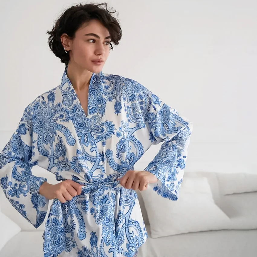 Hiloc Elegant Long Sleeve Print Sleepwear Suits Female Summer Casual Wrap Blouse Pajamas With Elastic Waist Shorts 2 Piece Set
Hiloc Elegant Long Sleeve Print Sleepwear Suits Female Summer Casual Wrap Blouse Pajamas With Elastic Waist Shorts 2 Piece Set