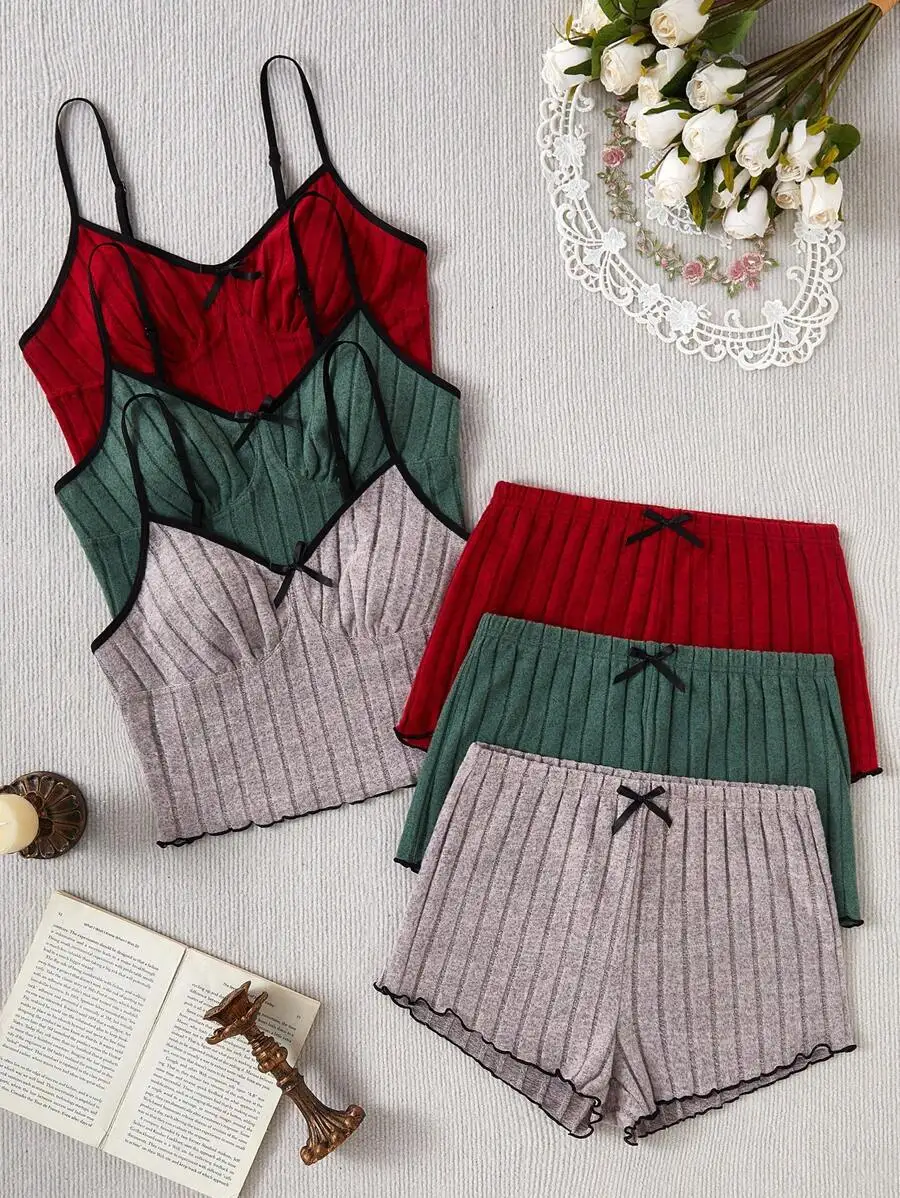 Womens Bow Detail Spaghetti Strap Cami Top And Ribbed Shorts Set
Womens Bow Detail Spaghetti Strap Cami Top And Ribbed Shorts Set