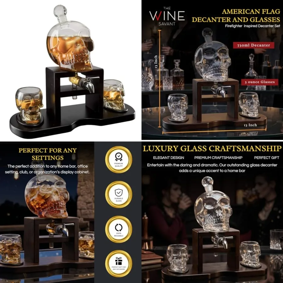 Skull Skeleton Wine Whiskey Decanter Set 750mL with 2 Skull Shot Glasses 3oz Gothic Skeleton Barware on Mahogany Wooden Base wi
Skull Skeleton Wine Whiskey Decanter Set 750mL with 2 Skull Shot Glasses 3oz Gothic Skeleton Barware on Mahogany Wooden Base wi