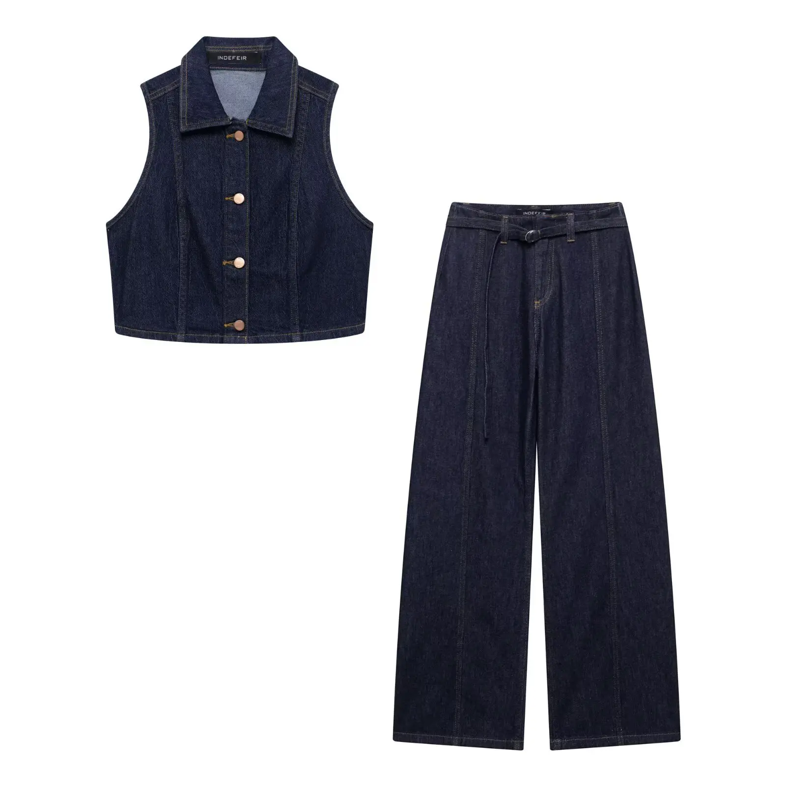 Women's Fashion Lapel Single Breasted Sleeveless Denim Vest Top High Waist Zipper Belt Decoration Casual Wide Leg Pants Set
Women's Fashion Lapel Single Breasted Sleeveless Denim Vest Top High Waist Zipper Belt Decoration Casual Wide Leg Pants Set