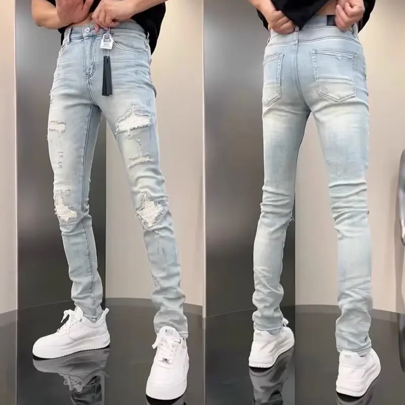 Vintage Blue Slim Fit Stretch Jeans For Men Casual Versatile Ripped Hole Skinny Denim Pencil Pants
Vintage Blue Slim Fit Stretch Jeans For Men Casual Versatile Ripped Hole Skinny Denim Pencil Pants