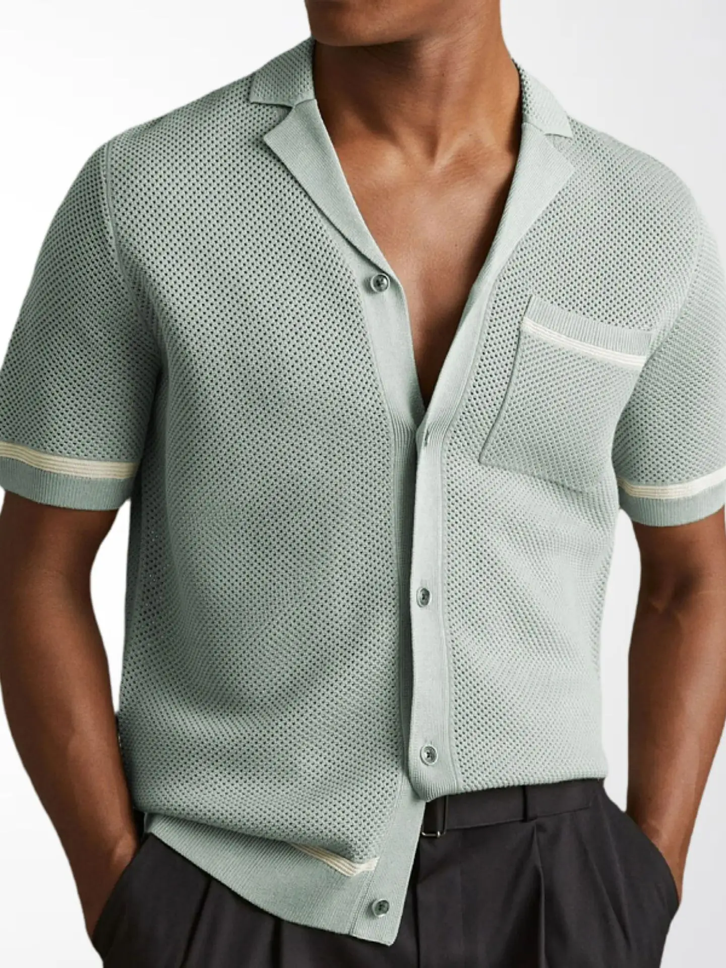 Sexy Hollow out Short Sleeve Cuban Collar Knitted Shirt Men's Summer Fashion Breathable Casual Top Quality Natural Fiber
Sexy Hollow out Short Sleeve Cuban Collar Knitted Shirt Men's Summer Fashion Breathable Casual Top Quality Natural Fiber
