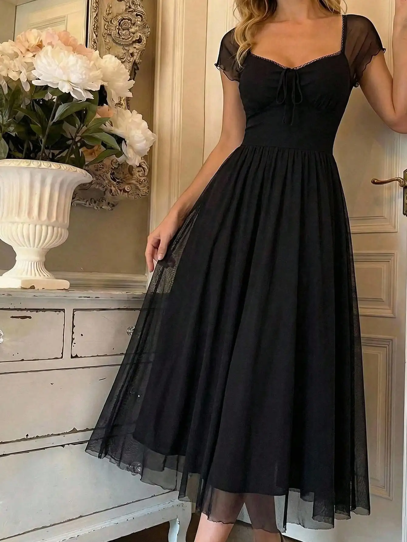 Black Sheer Mesh Midi Dress With Cap Sleeves, Lace Trim, Ruched Bodice And Flowy Skirt For Summer Vintage Style
Black Sheer Mesh Midi Dress With Cap Sleeves, Lace Trim, Ruched Bodice And Flowy Skirt For Summer Vintage Style