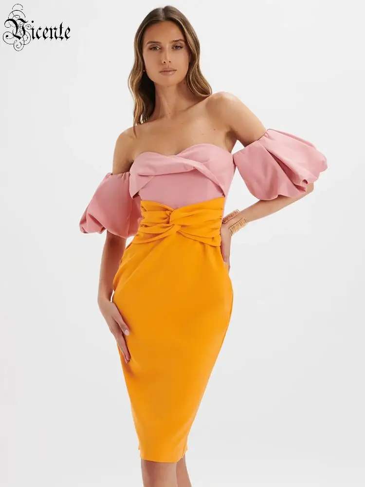 VC 2026 Women Color Block Off Shoulder Midi Dress Puff Sleeve Bodycon Party Dress Elegant Strapless Cocktail Evening Vestidos
VC 2026 Women Color Block Off Shoulder Midi Dress Puff Sleeve Bodycon Party Dress Elegant Strapless Cocktail Evening Vestidos