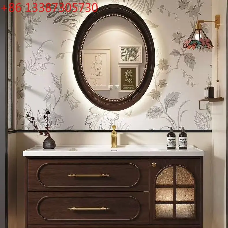 Retro French walnut rubber wood bathroom cabinet combination ceramic integrated washbasin
Retro French walnut rubber wood bathroom cabinet combination ceramic integrated washbasin