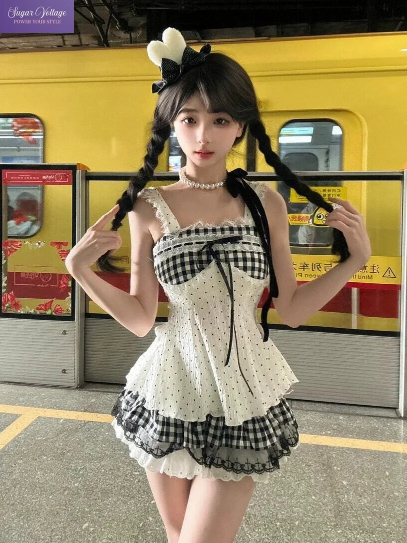 Korean Coquette Sweet Gingham Polka Dot 2 Piece Set Women Lace Bow Ruched Spaghetti Strap Crop Top High Waist Skirt Party Outfit
Korean Coquette Sweet Gingham Polka Dot 2 Piece Set Women Lace Bow Ruched Spaghetti Strap Crop Top High Waist Skirt Party Outfit