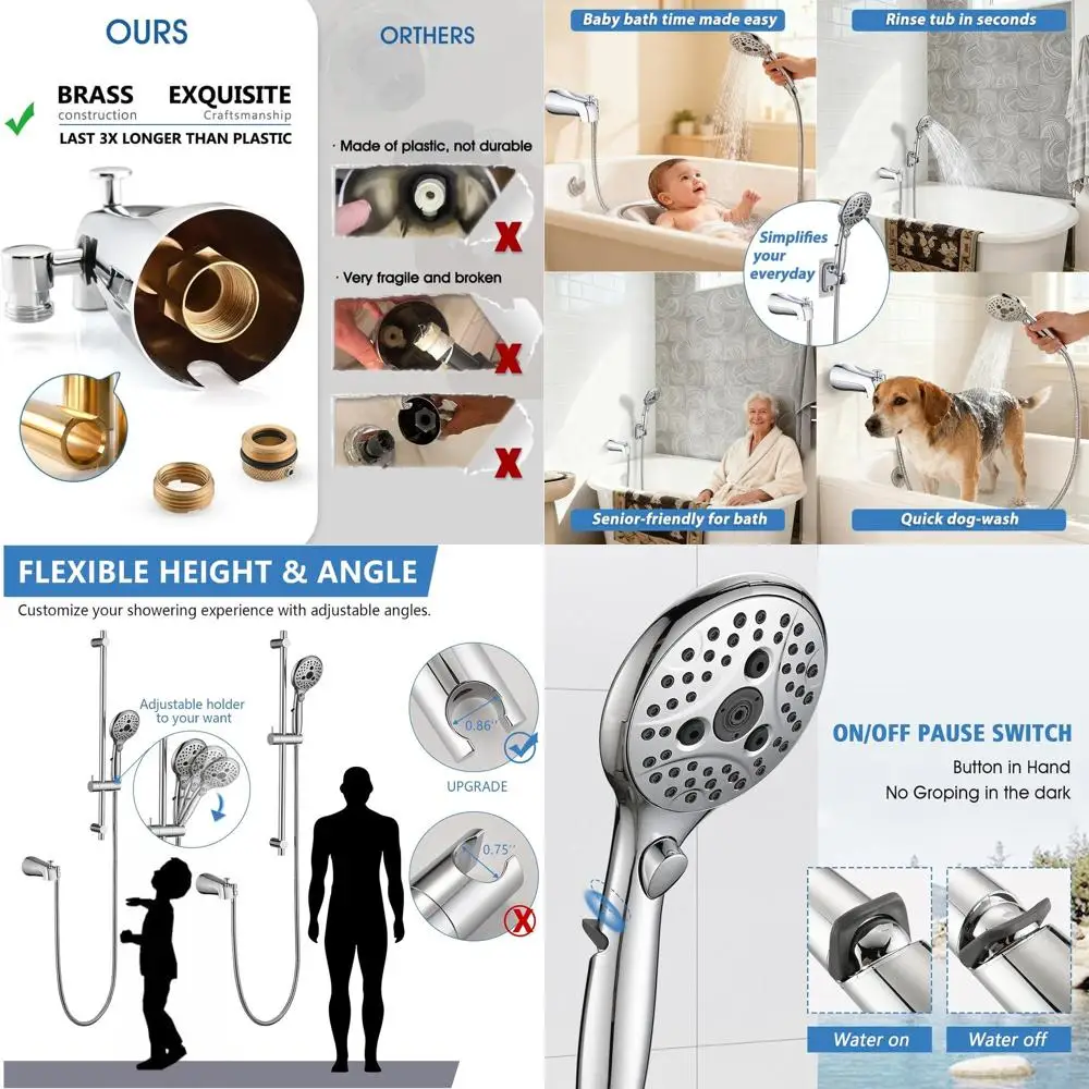 Multi-Function Diverter Tub Spout with 6-Setting Handheld Shower, ON/OFF Switch, and Adjustable Slide Bar in Chrome Finish
Multi-Function Diverter Tub Spout with 6-Setting Handheld Shower, ON/OFF Switch, and Adjustable Slide Bar in Chrome Finish