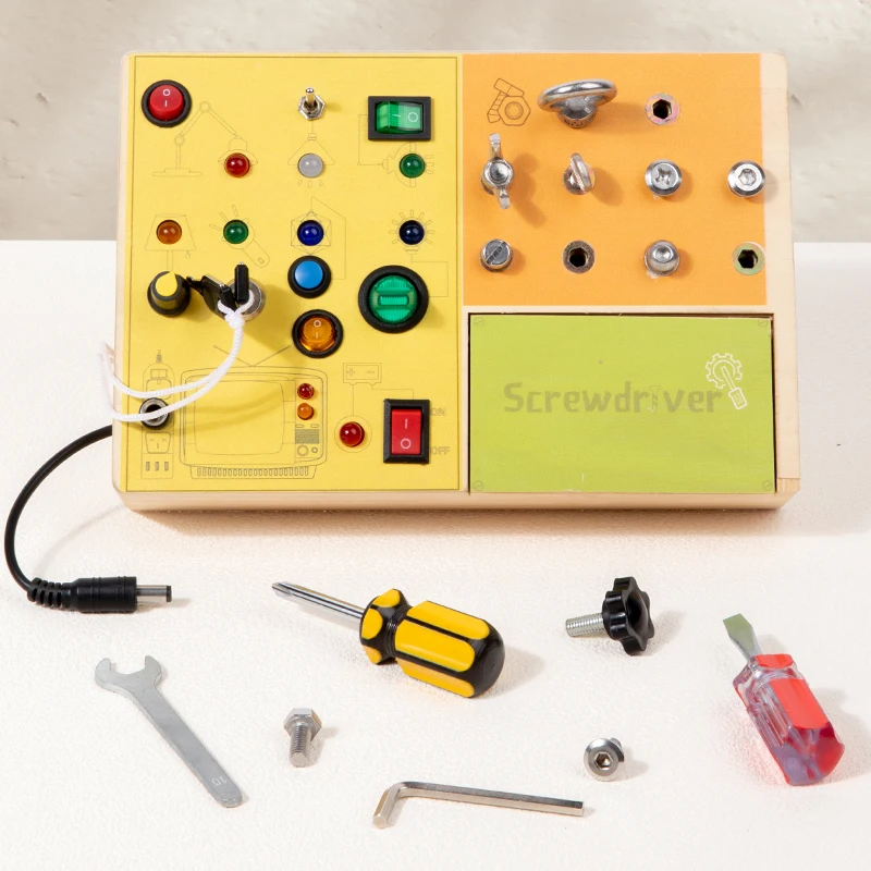 Montessori early learning busy board with LED lights, buttons, switches, and screws.Baby fine motor skills practice
Montessori early learning busy board with LED lights, buttons, switches, and screws.Baby fine motor skills practice