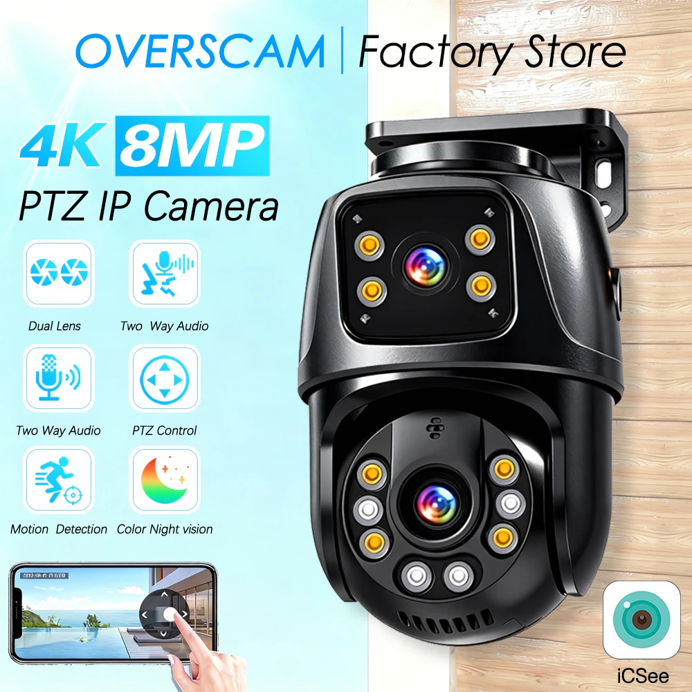 4K 8MP HD POE PTZ Camera Outdoor 4MP Dual Lens Dual Screen AI Human Detection IP Camera CCTV Audio Video Surveillance P2P iCSee