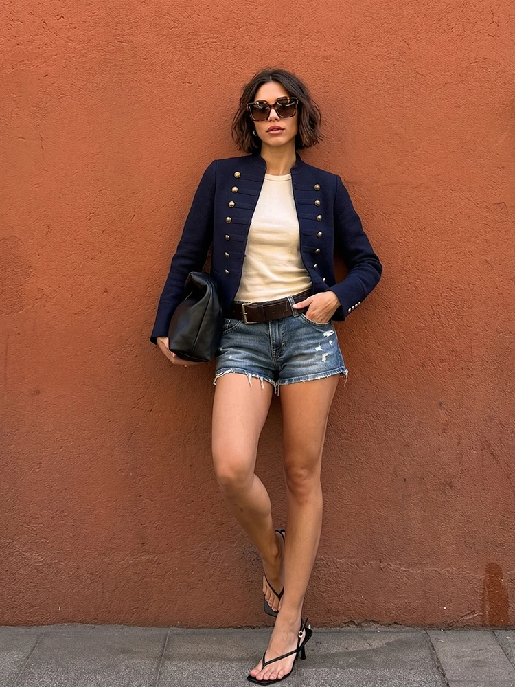 HH Women Summer Spring Classic Confortable Navy Knit Cardigan Summer Gold Button Round Neck Cropped Short Jacket For Everyday
HH Women Summer Spring Classic Confortable Navy Knit Cardigan Summer Gold Button Round Neck Cropped Short Jacket For Everyday