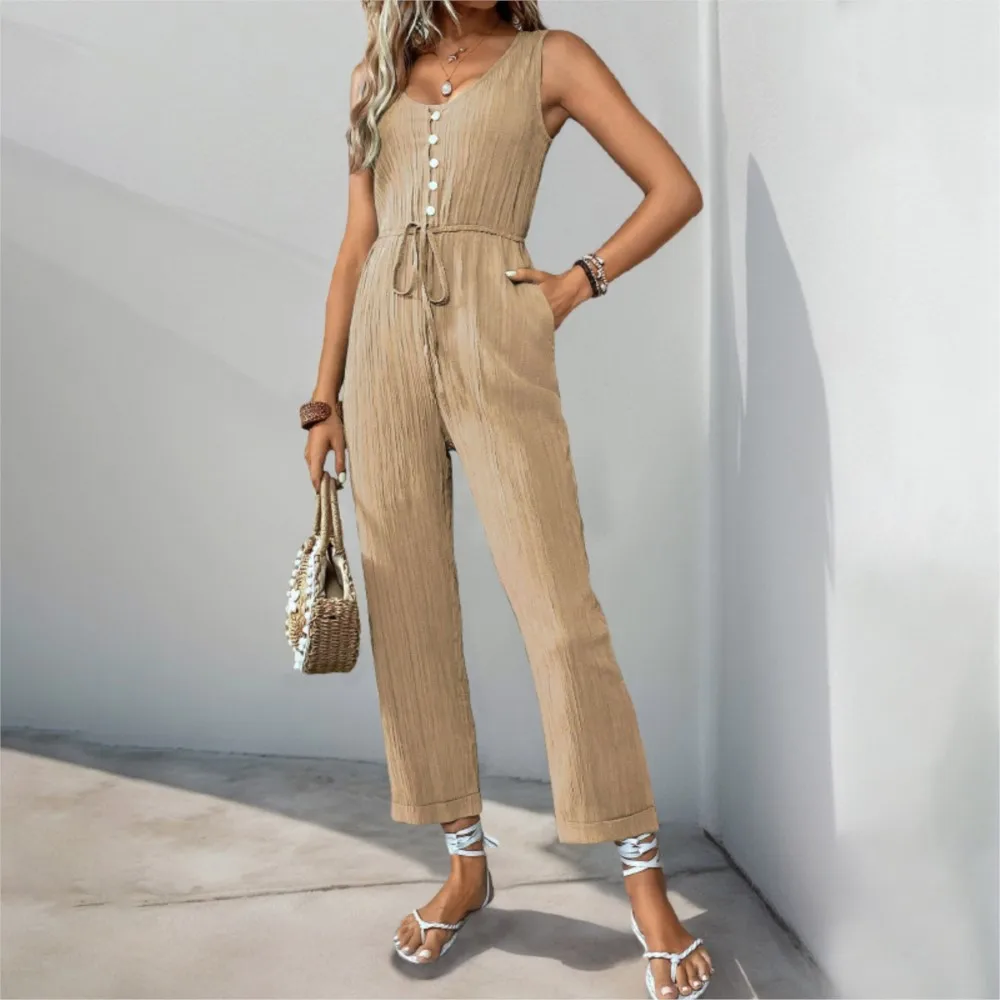 Summer New Casual Jumpsuit With Drawstring And Sleeveless Textured Fabric Solid Color Jumpsuit Monos Elegantes Para Mujer
Summer New Casual Jumpsuit With Drawstring And Sleeveless Textured Fabric Solid Color Jumpsuit Monos Elegantes Para Mujer
