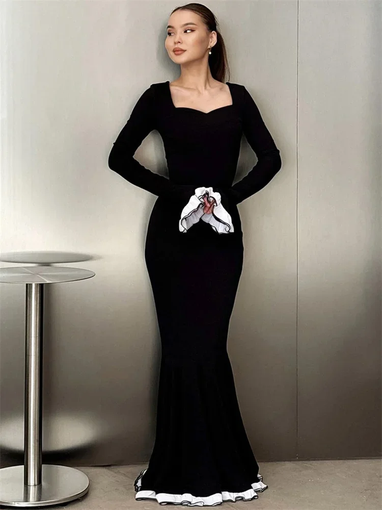 Ruffled Fashion Elegant Long Dress For Women High Waist Square Collar Patchwork Slim Solid Party Dress Female Maxi Dress
Ruffled Fashion Elegant Long Dress For Women High Waist Square Collar Patchwork Slim Solid Party Dress Female Maxi Dress