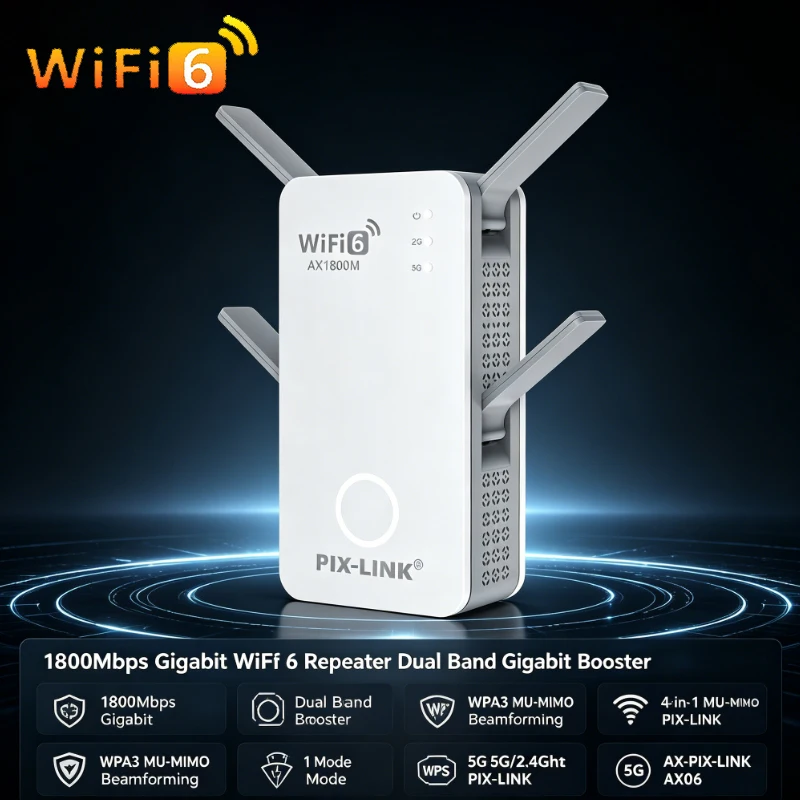 1800Mbps Gigabit WiFi 6 Repeater Dual Band Gigabit Booster WPA3 MU-MIMO Beamforming 4-in-1 Mode WPS 5G/2.4Ghz PIX-LINK AX06
1800Mbps Gigabit WiFi 6 Repeater Dual Band Gigabit Booster WPA3 MU-MIMO Beamforming 4-in-1 Mode WPS 5G/2.4Ghz PIX-LINK AX06