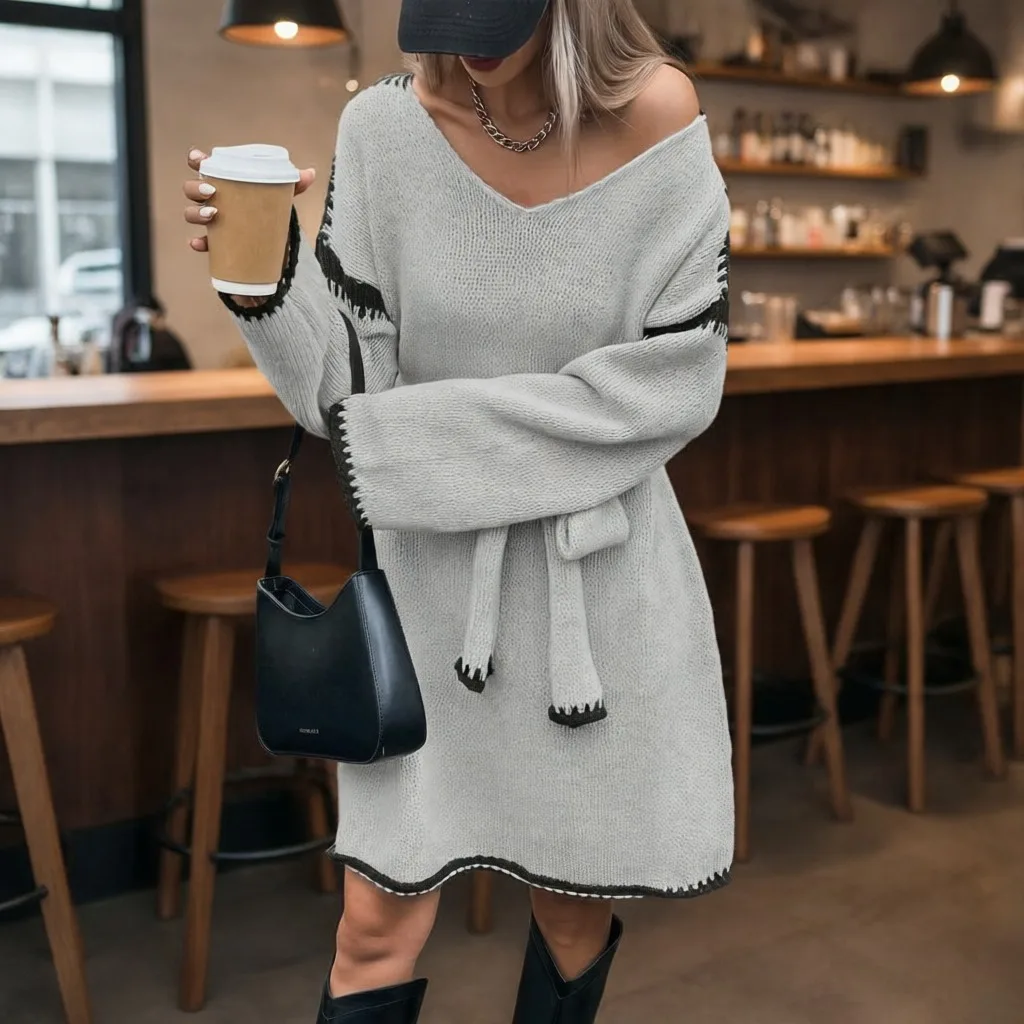 Women Loose Knitted Dress Female Fashion V Neck Color Blocking High Elastic Dress Lady Daily Outdoor Relaxed Comfort Dress
Women Loose Knitted Dress Female Fashion V Neck Color Blocking High Elastic Dress Lady Daily Outdoor Relaxed Comfort Dress