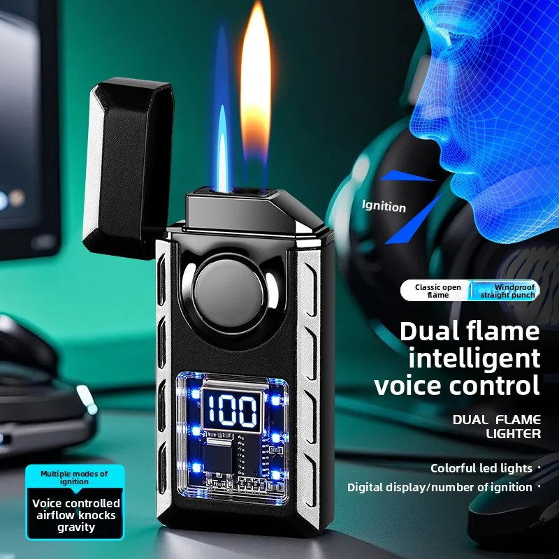 Voice-activated ignition dual-fire gas lighter creative lamp battery display open flame switch jet fire USB electric lighter 
Voice-activated ignition dual-fire gas lighter creative lamp battery display open flame switch jet fire USB electric lighter