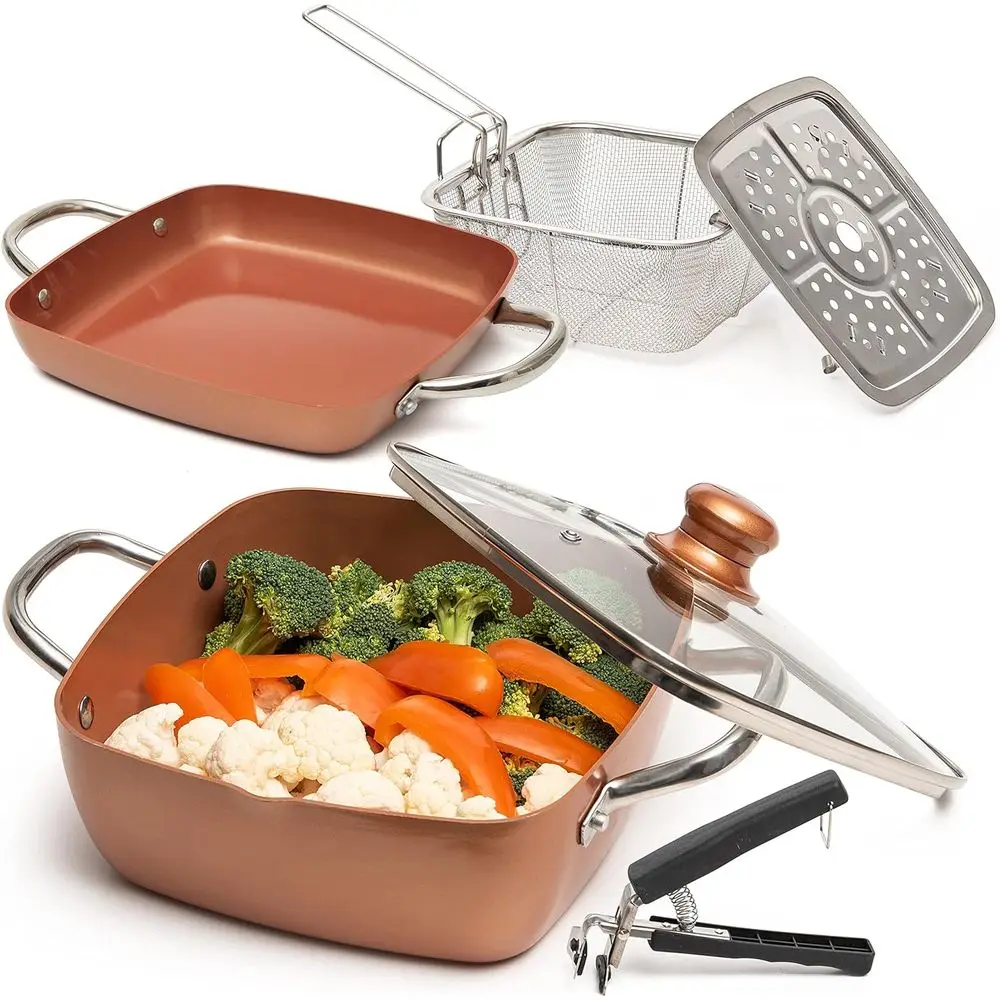 6 Pcs Copper Che Cookware Non Stick Deep rying Pan 9.5" x 3.5", ry Basket, Steamer Rack, Dishwasher & Oven Sae, 5 Qt Deep Square
6 Pcs Copper Che Cookware Non Stick Deep rying Pan 9.5" x 3.5", ry Basket, Steamer Rack, Dishwasher & Oven Sae, 5 Qt Deep Square