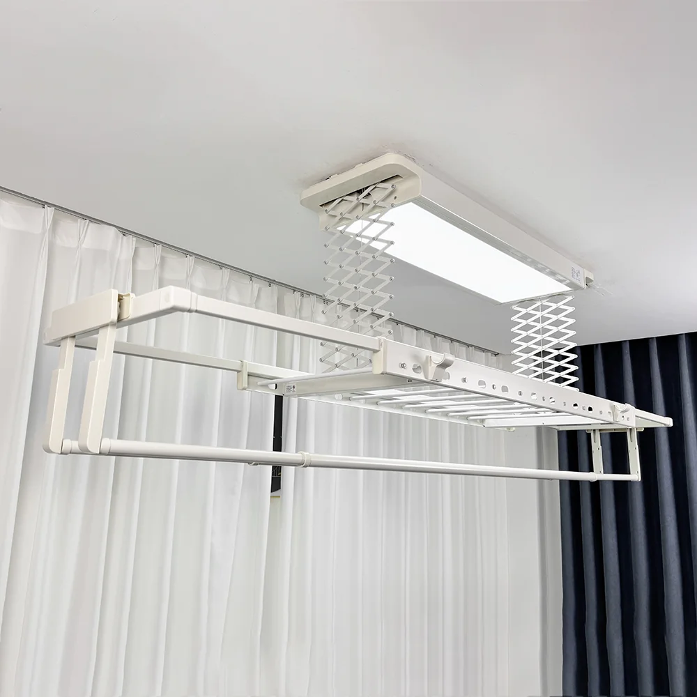 Smart Quiet DC Motor LED Electric Foldable Heating Drying Rack with Remote Control Ceiling Hung Model