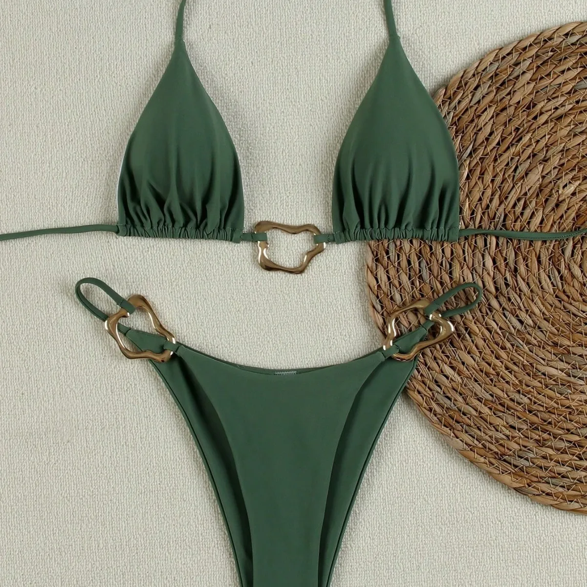 Womens High Cut Bikini Set with Metal Buckle Halter Triangle Swimwear for Beach
Womens High Cut Bikini Set with Metal Buckle Halter Triangle Swimwear for Beach
