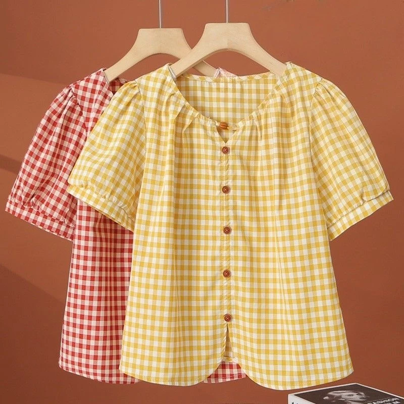 Shirts Women Korean Sweet Style Summer Fashion Plaid All-match Short Sleeve Leisure Holiday Streetwear Lovely Chic Popular Ropa
Shirts Women Korean Sweet Style Summer Fashion Plaid All-match Short Sleeve Leisure Holiday Streetwear Lovely Chic Popular Ropa