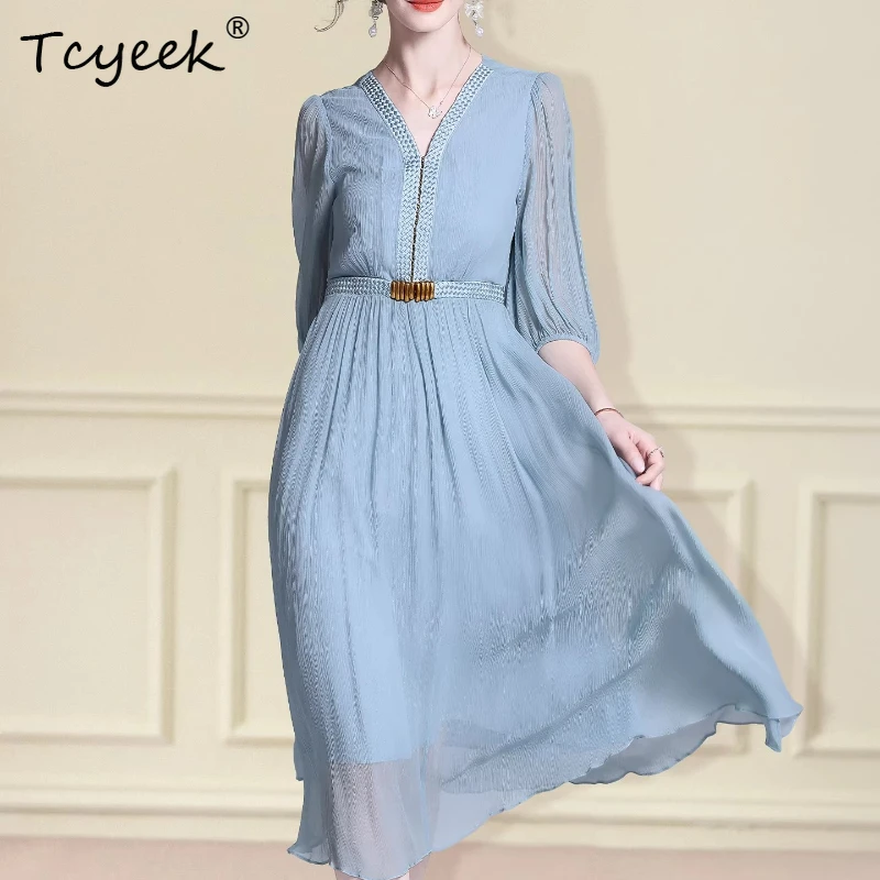 Tcyeek High-end 100% Real Mulberry Silk Womens Dress 2026 Spring Summer Clothes V-neck Elegant Dresses for Women Платье Женское
Tcyeek High-end 100% Real Mulberry Silk Womens Dress 2026 Spring Summer Clothes V-neck Elegant Dresses for Women Платье Женское