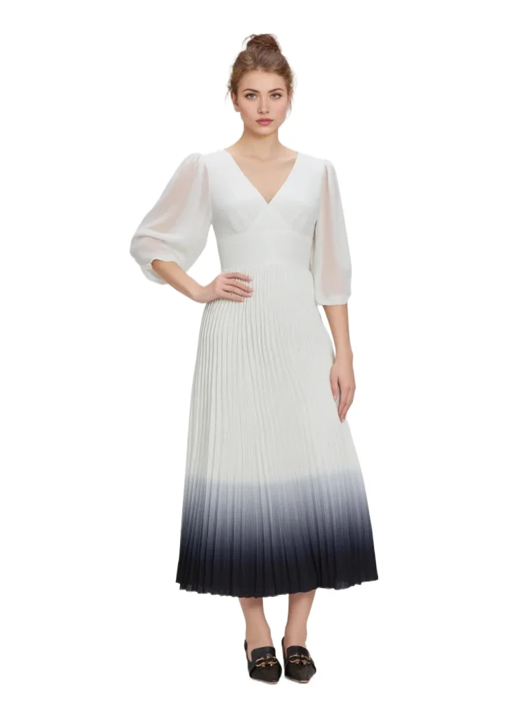 Elegant V-neck Pleated Chiffon Long Dress White With Sleeves 
Elegant V-neck Pleated Chiffon Long Dress White With Sleeves