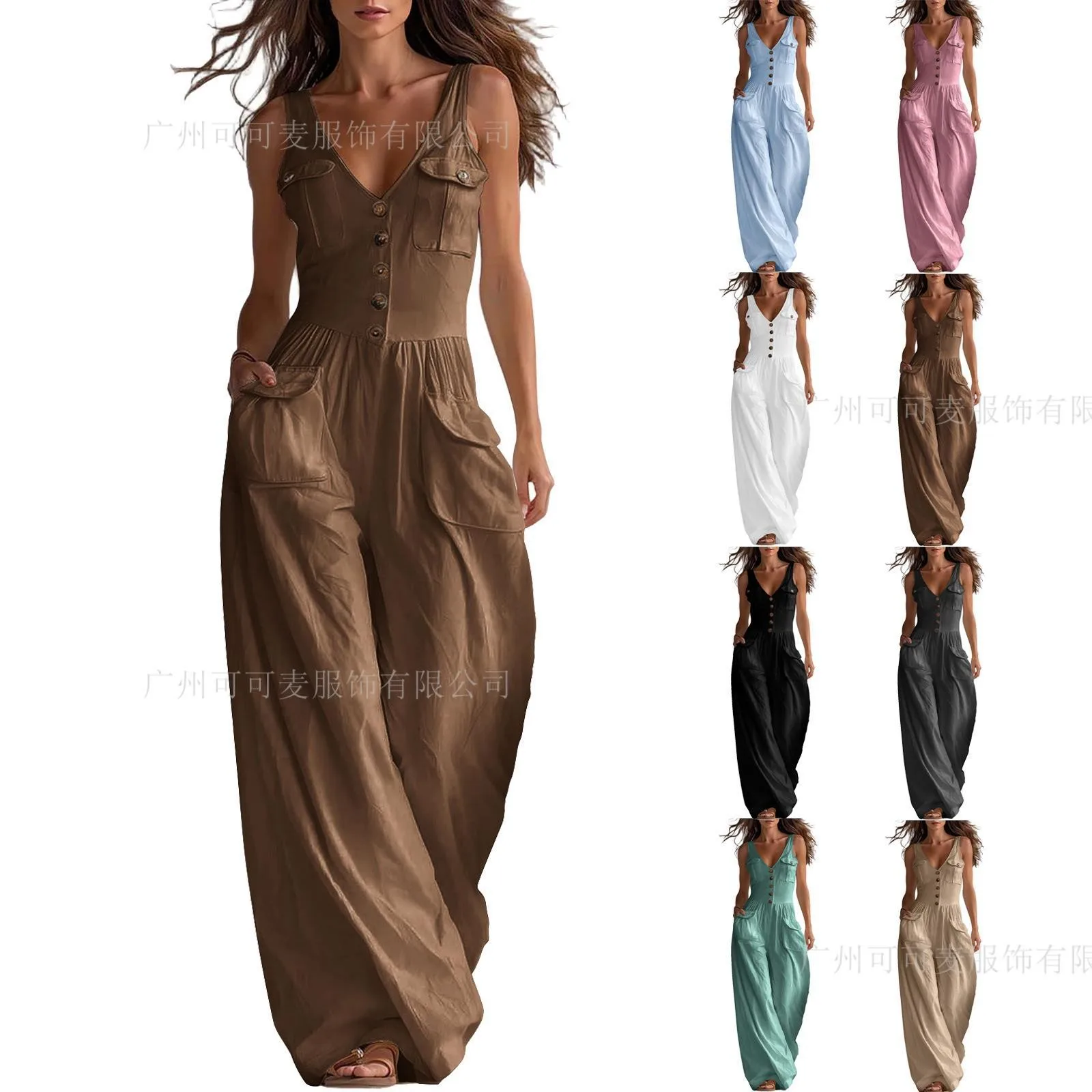 Women's Summer Jumpsuit Sleeveless V Neck Wide Leg Romper Button Front Overalls Loose Fit Maxi Length Solid Color Black White
Women's Summer Jumpsuit Sleeveless V Neck Wide Leg Romper Button Front Overalls Loose Fit Maxi Length Solid Color Black White