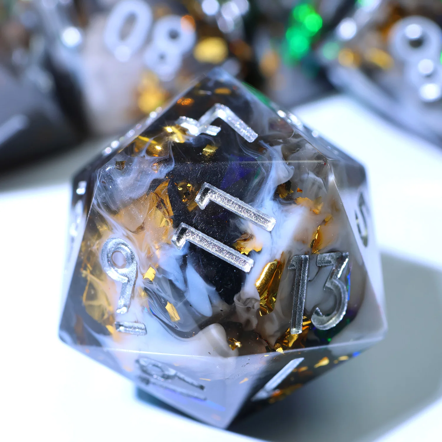 Handmade Sharp Edge Resin DND Dice Set,Black White Smoky Swirl with Holographic Foil,Polyhedral RPG Tabletop Dice-N2
Handmade Sharp Edge Resin DND Dice Set,Black White Smoky Swirl with Holographic Foil,Polyhedral RPG Tabletop Dice-N2