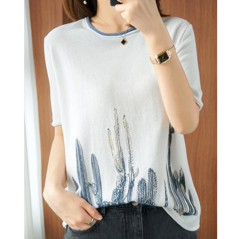 Camisetas Mujer Summer Women Knitted T Shirt Print O-Neck Short Sleeve Tshirt Female Clothes 2022 O Neck Ladies Tee Shirt Femme
Camisetas Mujer Summer Women Knitted T Shirt Print O-Neck Short Sleeve Tshirt Female Clothes 2022 O Neck Ladies Tee Shirt Femme