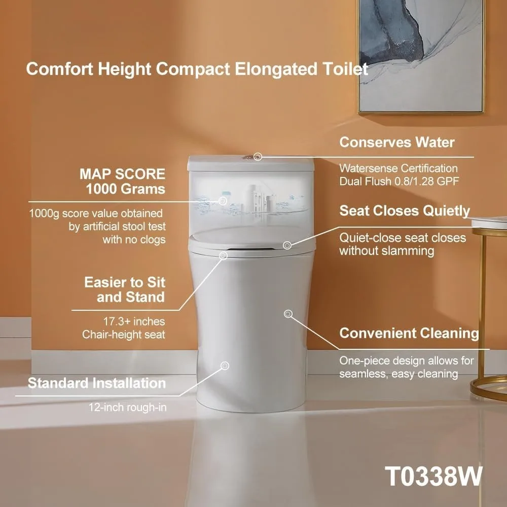 Compact One Piece Toilet with Comfort Chair Seat ADA Height 17.3", Elongated Dual Flush and MAP 1000gStandard White Toilet Bowl
Compact One Piece Toilet with Comfort Chair Seat ADA Height 17.3", Elongated Dual Flush and MAP 1000gStandard White Toilet Bowl