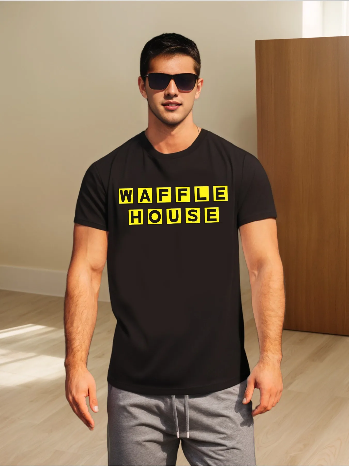 Waffle House Logo Men's T-Shirt - Soft Cotton Blend, Black with Bold Yellow Print, Casual & Comfortable Fit, Street Style Tee
Waffle House Logo Men's T-Shirt - Soft Cotton Blend, Black with Bold Yellow Print, Casual & Comfortable Fit, Street Style Tee