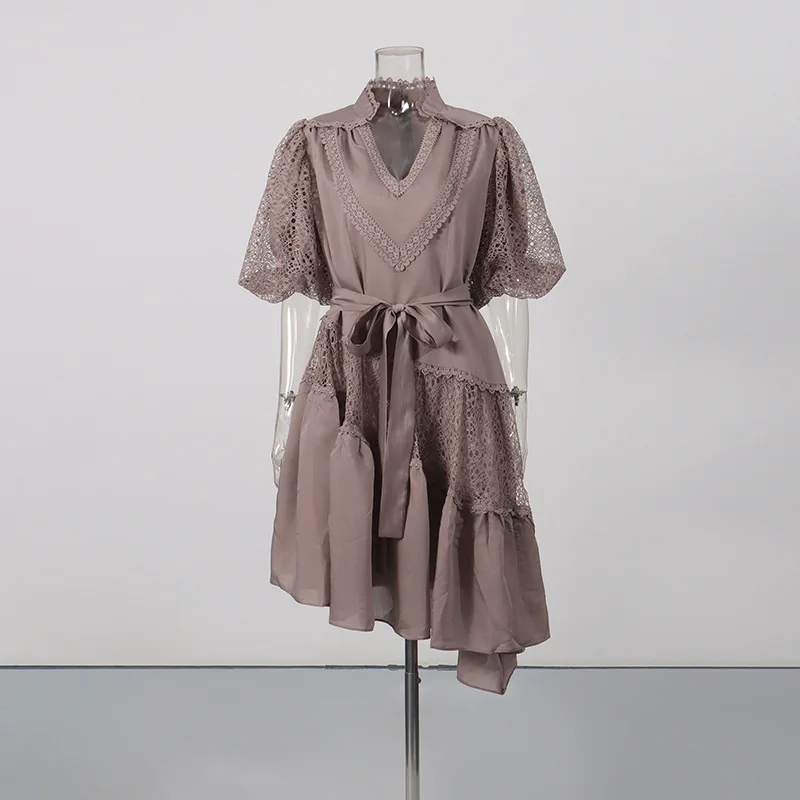 High Quality Solid Lace Irregular Dresses Spring Women Puff Sleeve V-neck Dress High Waist Waist Lace Up Slim Knee Length Dress
High Quality Solid Lace Irregular Dresses Spring Women Puff Sleeve V-neck Dress High Waist Waist Lace Up Slim Knee Length Dress