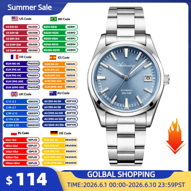 ADDIESDIVE Luxury Automation Man Watch 39MM Super Luminous 100m Waterproof Bubble Glass Wristwatch Stainless Steel Watch Males
ADDIESDIVE Luxury Automation Man Watch 39MM Super Luminous 100m Waterproof Bubble Glass Wristwatch Stainless Steel Watch Males