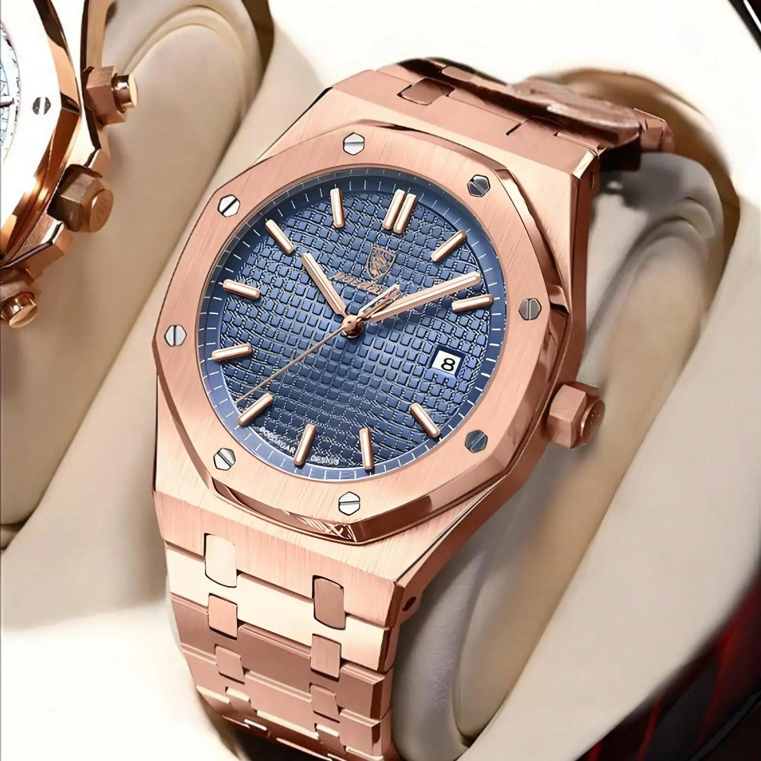 Мужские кварцевые часы с восьмиугольным корпусом цвета розового золота, синим текстурированным циферблатом и окошком для даты
Мужские кварцевые часы с восьмиугольным корпусом цвета розового золота, синим текстурированным циферблатом и окошком для даты