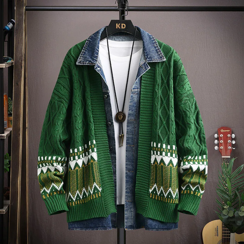 Men's Streetwear Knit Jacket Green Cable Knit Fair Isle Pattern Denim Collar Open Front Cardigan 2026
Men's Streetwear Knit Jacket Green Cable Knit Fair Isle Pattern Denim Collar Open Front Cardigan 2026