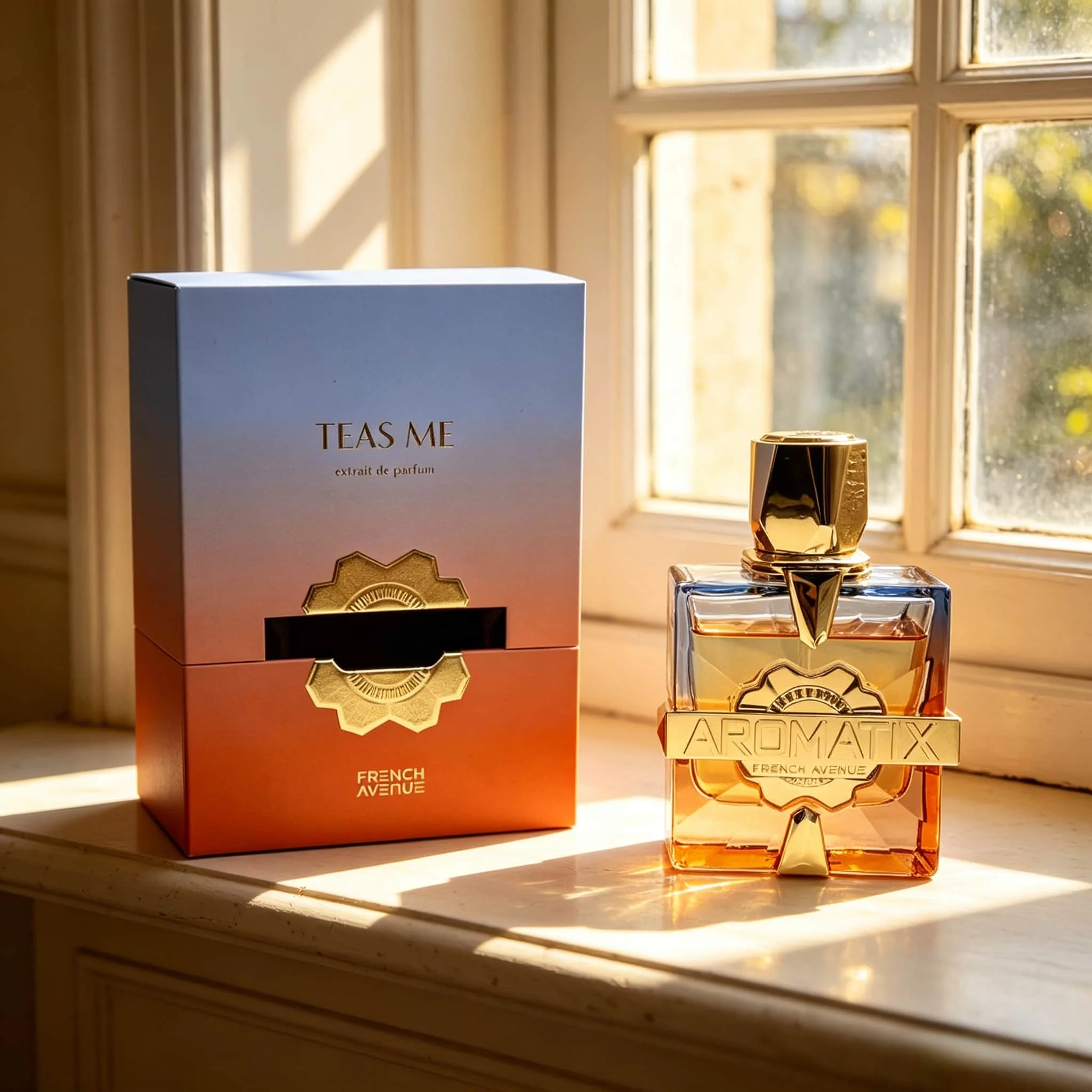 French Avenue Teas Me Extrait de Parfum | Gradient glass bottle with gold accents, elegant tea-floral notes, sophisticated vibe
French Avenue Teas Me Extrait de Parfum | Gradient glass bottle with gold accents, elegant tea-floral notes, sophisticated vibe
