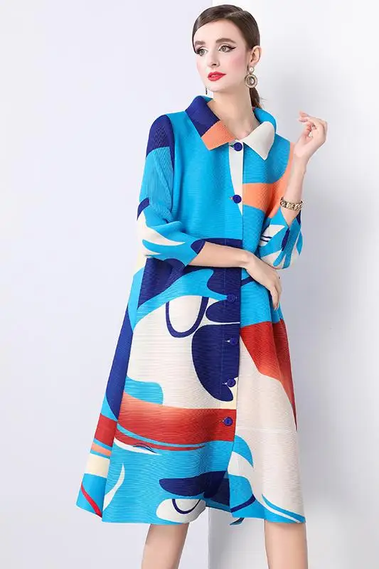 Miyake Autumn Midi Dres Loose Abstract Printed Middle Aged Women's Clothing Flip Collar Pleated Skirt Single Breasted 2024
Miyake Autumn Midi Dres Loose Abstract Printed Middle Aged Women's Clothing Flip Collar Pleated Skirt Single Breasted 2024