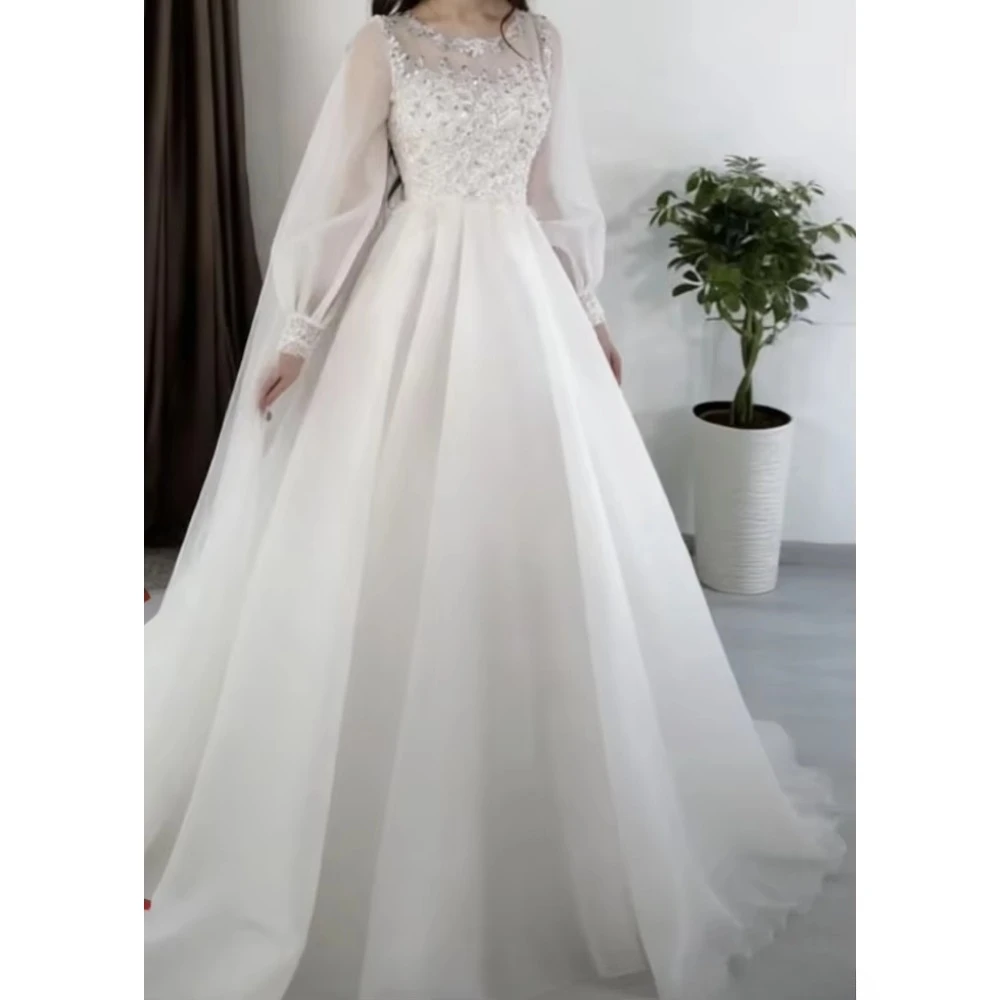 Elegant Chiffon A-line Wedding Dresses O-neck Long Sleeves Beading Sequin Appliques Floor Length Bridal Gown Vestidos De Noiva
Elegant Chiffon A-line Wedding Dresses O-neck Long Sleeves Beading Sequin Appliques Floor Length Bridal Gown Vestidos De Noiva