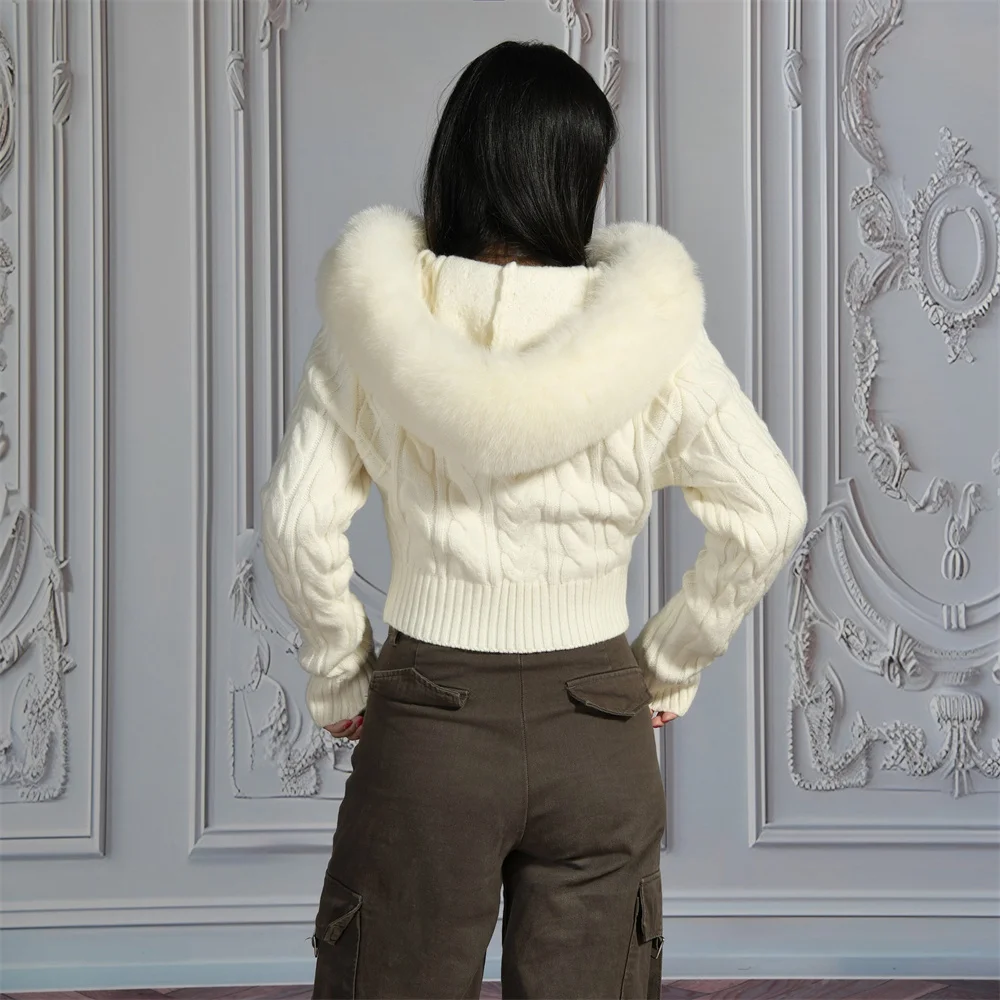 Вязаный кардиган Luxyonuo с воротником из натурального лисьего меха, Новое поступление 2024, свитер, однотонные вязаные укороченные топы, весенняя толстовка 
Вязаный кардиган Luxyonuo с воротником из натурального лисьего меха, Новое поступление 2024, свитер, однотонные вязаные укороченные топы, весенняя толстовка