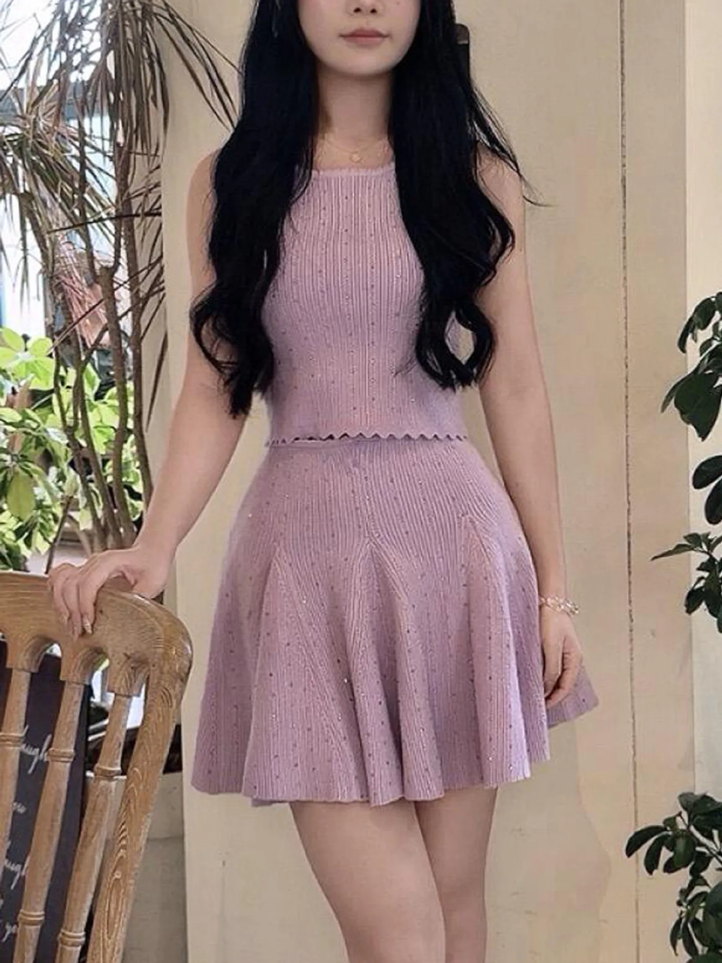 2026 Spring Summer Women Purple Set O-neck Sweater Vest Beaded Decoration Sleeveless Top + Pleated A-line Mini Skirt
2026 Spring Summer Women Purple Set O-neck Sweater Vest Beaded Decoration Sleeveless Top + Pleated A-line Mini Skirt